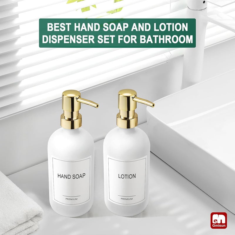 Gmisun White Soap Dispenser, 2 Pack Glass Hand Soap Dispensers Bathroom with Gold Pump, 17 Fl Oz Dish Soap Dispenser Set for Kitchen, Refillable Modern Liquid Soap and Lotion Dispensers Bottle - Image 5